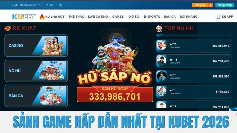 Sảnh game KUBET 2026 với nhiều trò chơi giải trí trực tuyến
